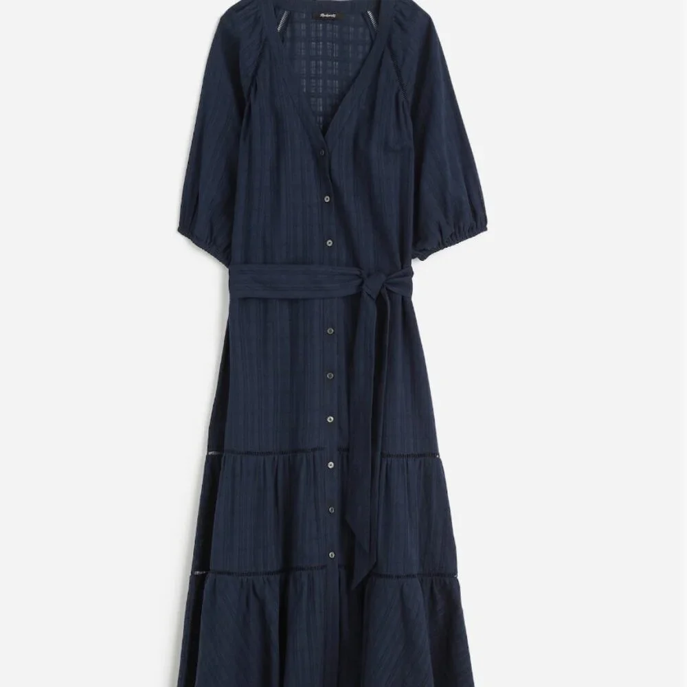 Madewell Tie-Waist Tiered Midi Dress in Windowpane Navy  NEW NS139 Flowy - Picture 3 of 5